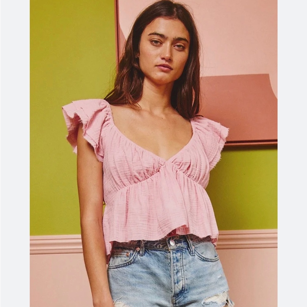 Abercrombie & Fitch Pink Babydoll Ruffle Flutter Crop Top Rouched Gathering M